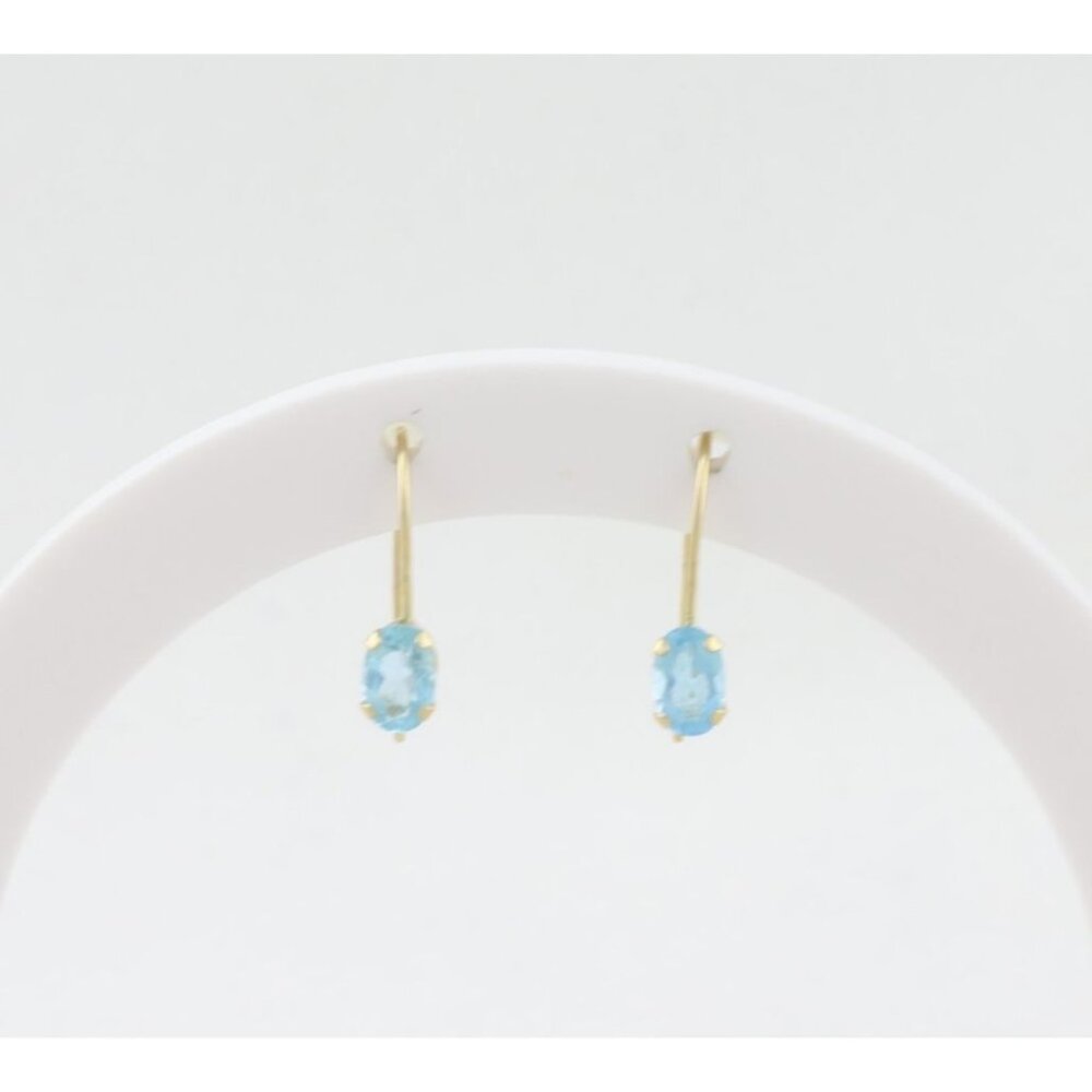 14k Yellow Gold Natural Swiss Blue Topaz Earrings Dangle Drop 5/8" x 1/8" - Picture 5 of 8